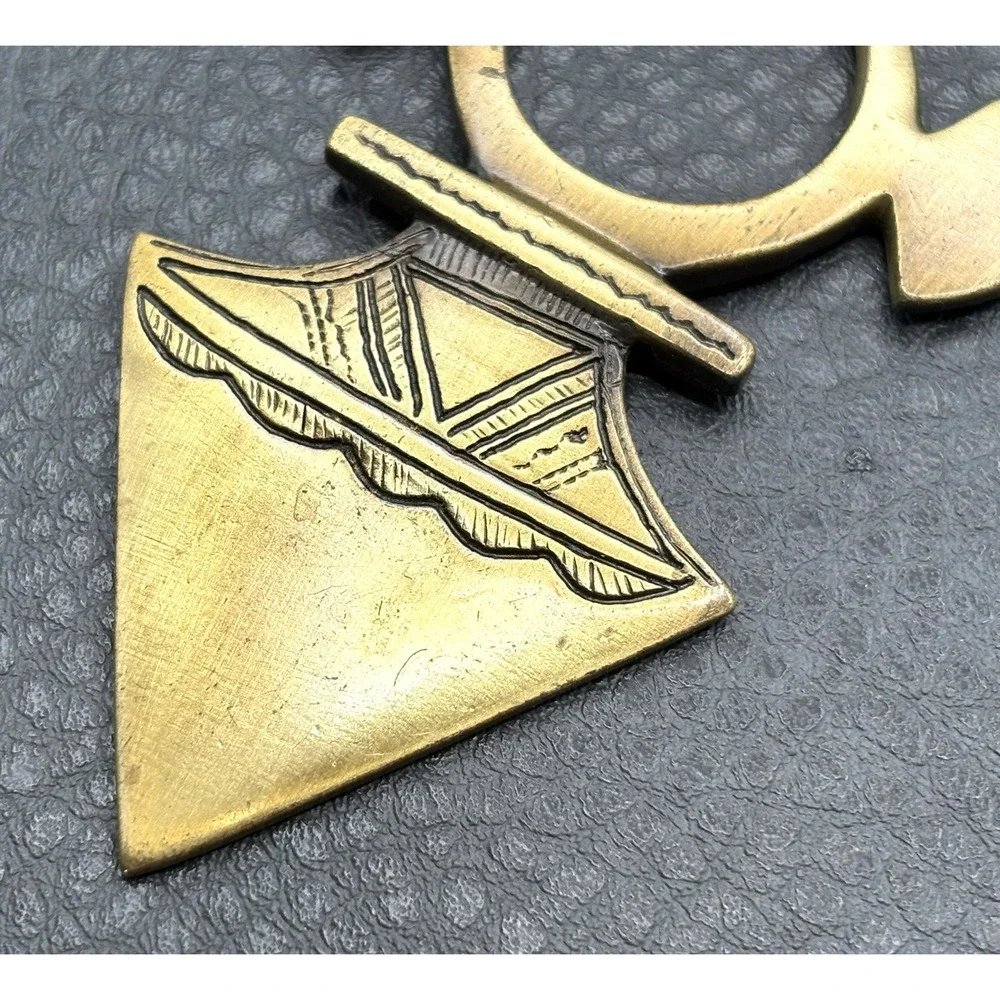Tribal Mali Touareg Amulet Cross Pendant Long Brass Tone Geometric Signed VM